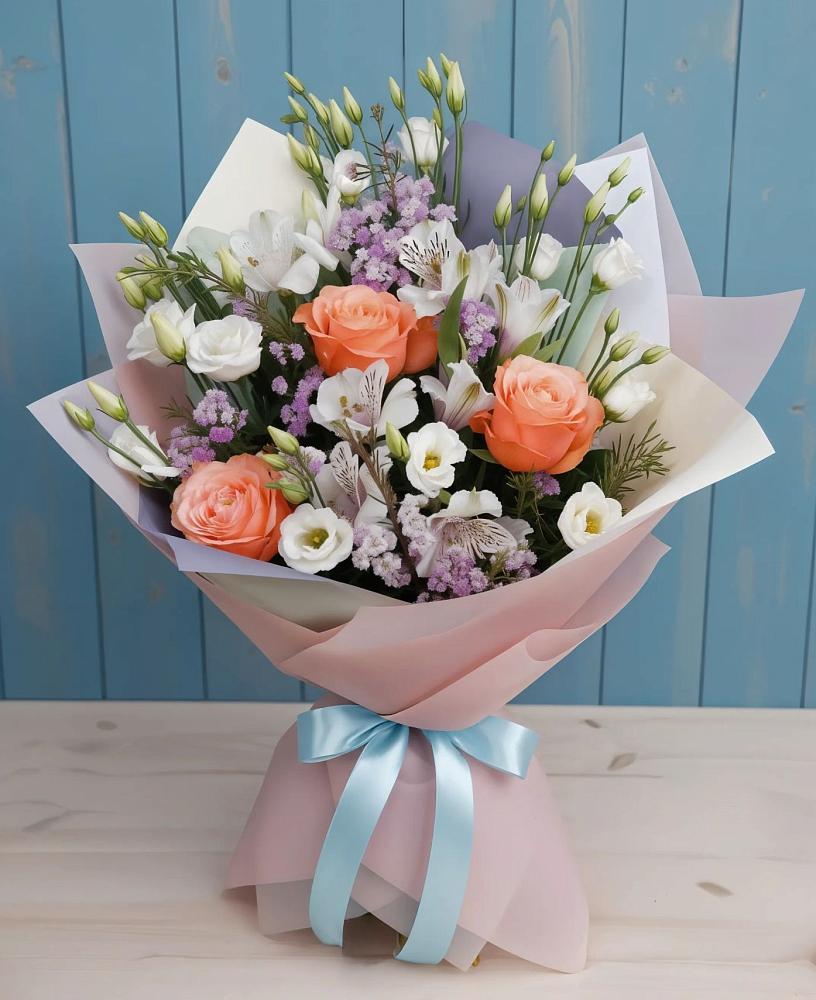 Букет цветов из: Лизиантусы, Розы, Альстромерии и Гипсофила в Тутаеве