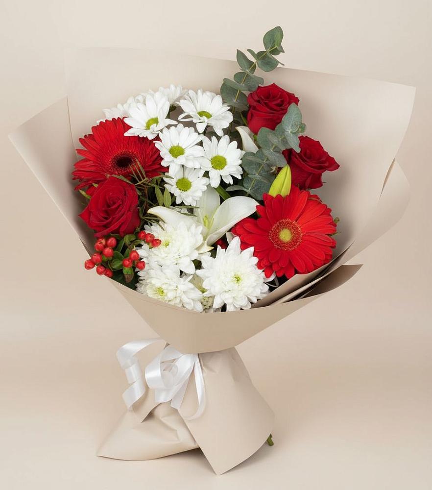 Букет цветов из: Розы, Хризантемы, Герберы и Лилии в Тутаеве