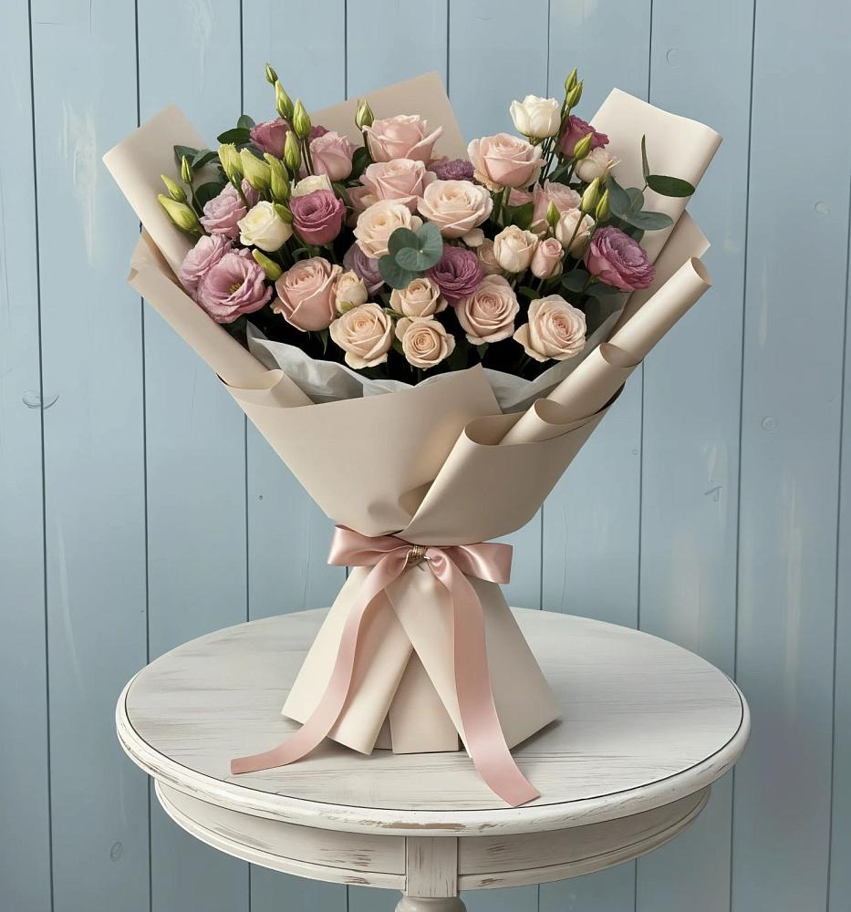 Букет цветов из: Розы и Лизиантусы в Тутаеве